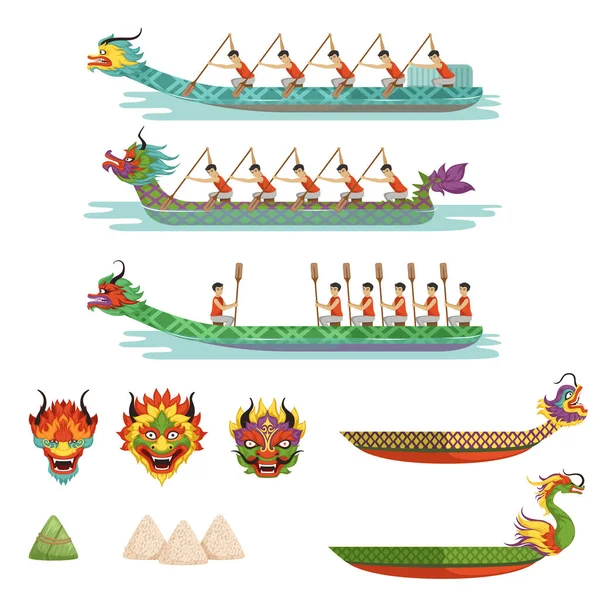 Набор драконьих лодок, команда спортсменов-мужчин соревнуются на векторных иллюстрациях Dragon Boat Festival — стоковый вектор