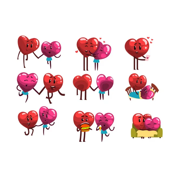 Zestaw znaków ładny czerwony i różowy serce uśmiechający się, śmieszne pary w miłości z różnych sytuacji i emocji. Happy Valentines Day koncepcja kreskówka wektor ilustracje — Wektor stockowy