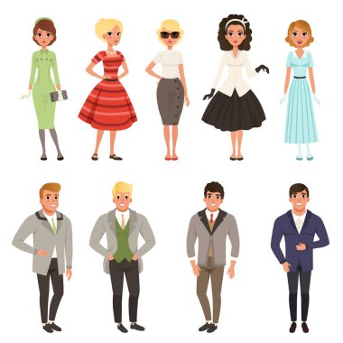 Vintage giyim seti giyen kadın ve erkekler, retro moda insanlardan 50s ve 60s çizimler vektör