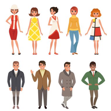Retro giyim seti giyen kadın ve erkekler, 50'li ve 60'ların vintage moda insanlardan çizimler vektör