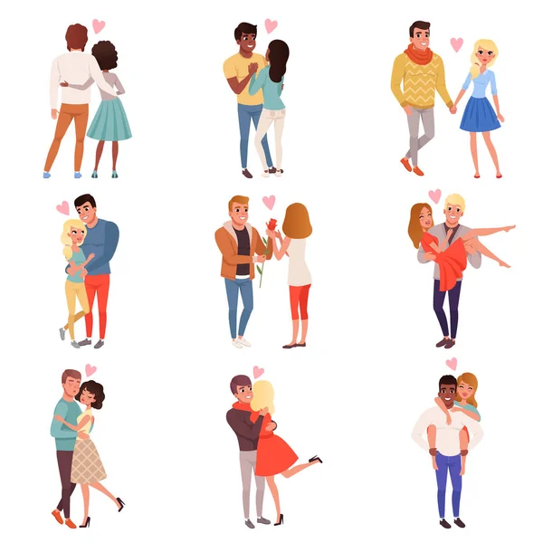 Jonge mannen en vrouwen tekens in liefde knuffelen ingesteld, gelukkig romantische liefdevolle paren cartoon vector illustraties — Stockvector