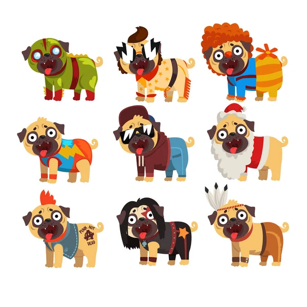 Funny pug perro personaje en coloridos trajes divertidos conjunto, vector Ilustraciones — Vector de stock