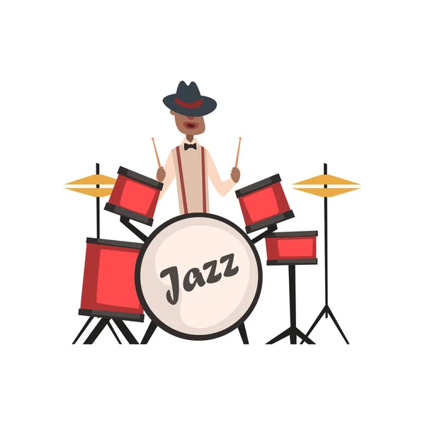 African American jazz musician playing on drums vector Illustration — Stock Vector