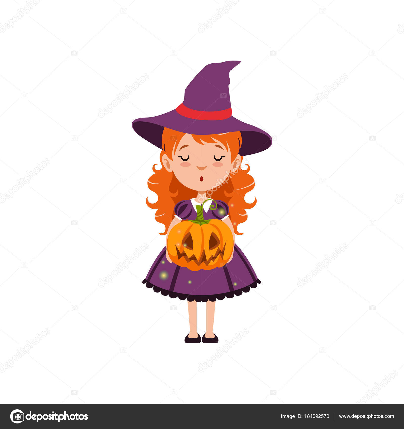 Young Red Haired Girl Witch Standing With Pumpkin Face In Her