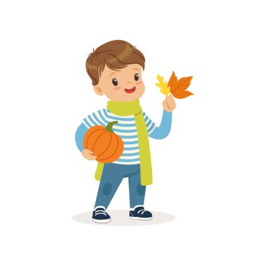 Sevimli küçük çocuk kabak ve renkli akçaağaç yaprakları tutarak sıcak eşarp, güzel çocuk zevk sonbahar, sonbahar kids hareket illüstrasyon vektör