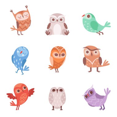 Sevimli çizgi baykuşlar seti, güzel renkli owlets çizimler vektör
