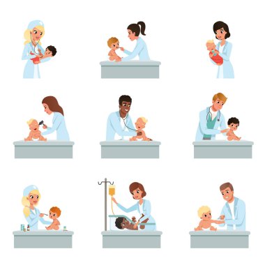 Çocuk doktoru doktorlar küçük çocuklar set, erkek ve kadın doktorlar sağlık muayenesi bebekler vektör çizimler için tıbbi sınav yapıyor