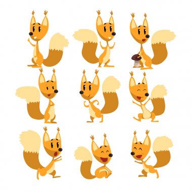 Komik sincap karikatür karakter kümesi, farklı eylemler ile şirin orman hayvan ve duygular çizimler vektör