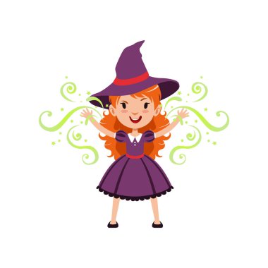 Red-haired girl witch wearing purple dress and hat. Kid character in costume surrounded with black silhouettes of skulls. Trick or Treat concept. Vector flat cartoon illustration. clipart