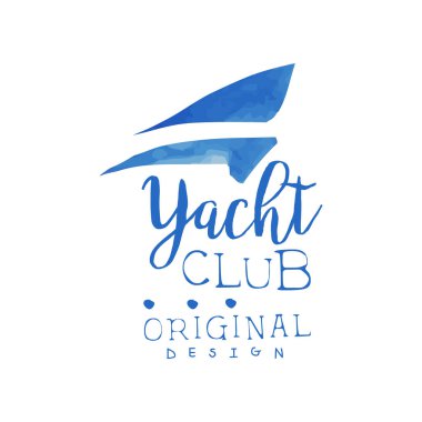 Özgün el çekilmiş logo şablonu yat kulübü için. Suluboya resim yelken silueti ile. Vektör amblemi seyahat için mavi ya da şirket gezisi