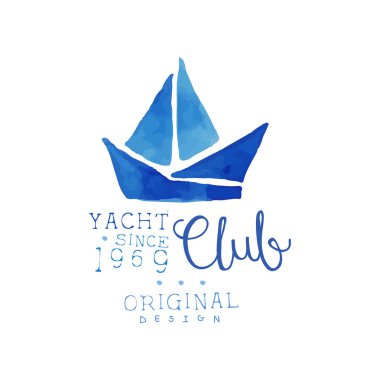Suluboya resim yelkenli silueti ile. Yat Kulübü için orijinal el çekilmiş amblemi. Deniz tema. Deniz macera. İş logo vektör tasarımı