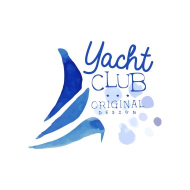 Yat Kulübü orijinal logo şablonu. Yelkenli soyut mavi dalgalar. Deniz ve okyanus Tema. Parlak suluboya resim. Vektör tasarım reklam afiş veya el ilanı