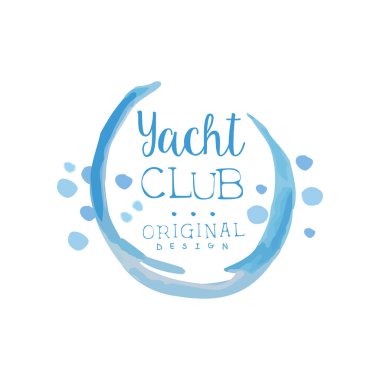 Mavi renk orijinal yat kulübü logosu şablonu. Deniz macera. Etkin yaz tatili. Parlak suluboya resim. Reklam posteri veya başlığı için vektör tasarımı