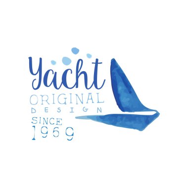 Yaratıcı el yelkenli silueti ile çizilmiş amblemi. Deniz ve okyanus Tema. Yat Kulübü logosu, poster ya da el ilanı için vektör tasarımı. Parlak suluboya resim
