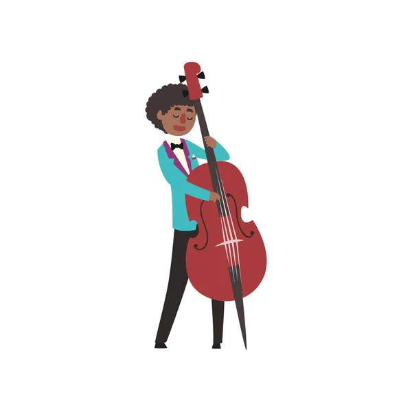 African American jazz musician wearing retro elegant suit playing cello vector Illustration — Stock Vector