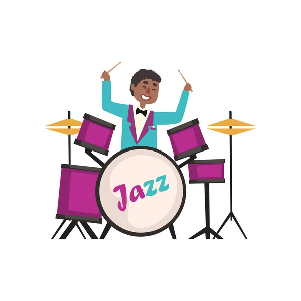 Músico de jazz afro-americano vestindo terno elegante retro tocando no vetor de bateria Ilustração — Vetor de Stock