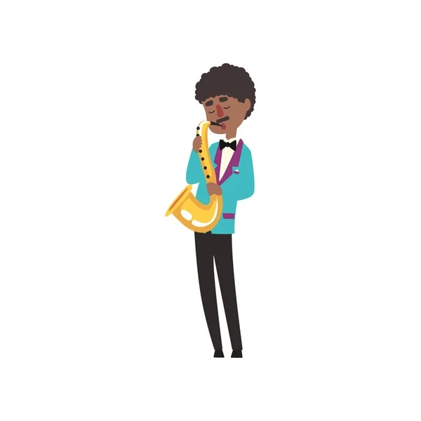 Músico de jazz afro-americano vestindo terno elegante retro tocando saxofone vetor Ilustração — Vetor de Stock