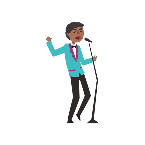 African American jazz singer wearing retro elegant suit singing into microphone vector Illustration — Stock Vector