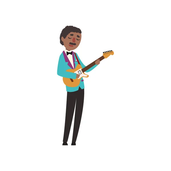 African American jazz musician wearing retro elegant suit playing guitar vector Illustration — Stock Vector