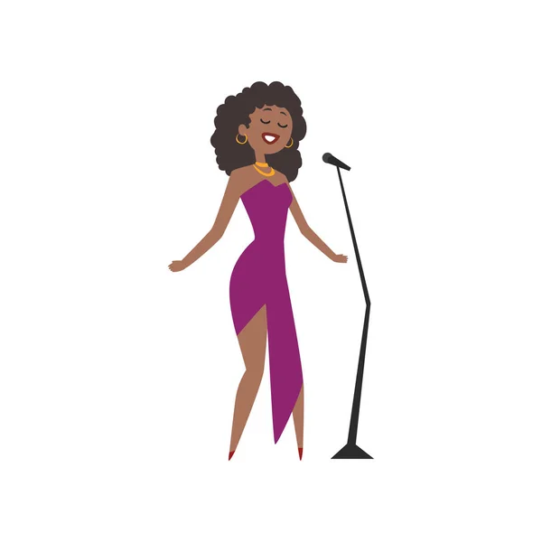 Cantante de jazz afroamericano, hermosa mujer en vestido morado cantando vector Ilustración — Archivo Imágenes Vectoriales