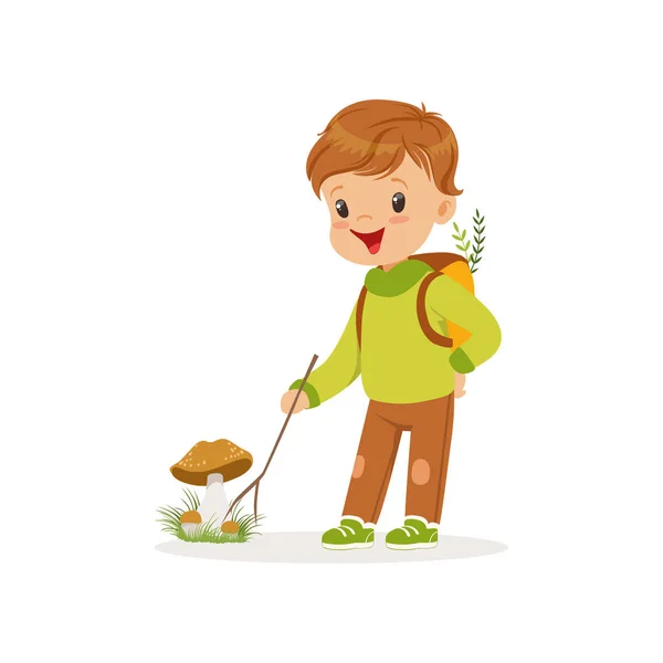 Ładny mały chłopiec w ciepłą odzież, zbierając grzyby, piękne dziecko korzystających jesień, jesień aktywności dzieci ilustracja wektorowa — Wektor stockowy