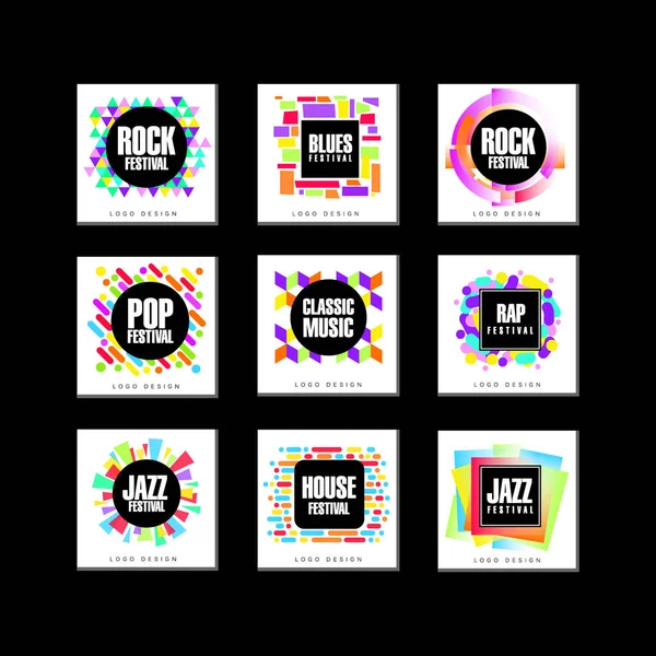 Music Festival logo set, blues, house, pop, rap, jazz music element vector Illustrations — стоковый вектор