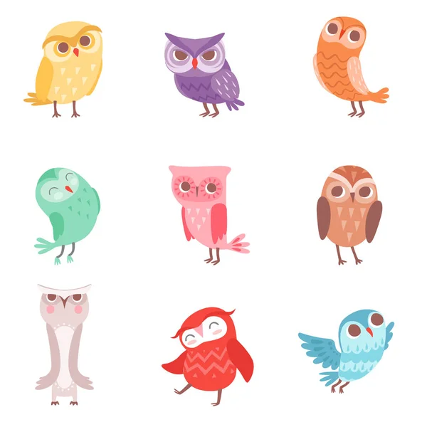 Söta tecknade färgglada ugglor set, härlig owlets vektor illustrationer — Stock vektor