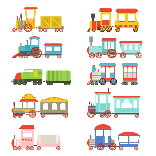 Conjunto de trenes de juguete, locomotoras de colores y vagones vector Ilustraciones — Vector de stock