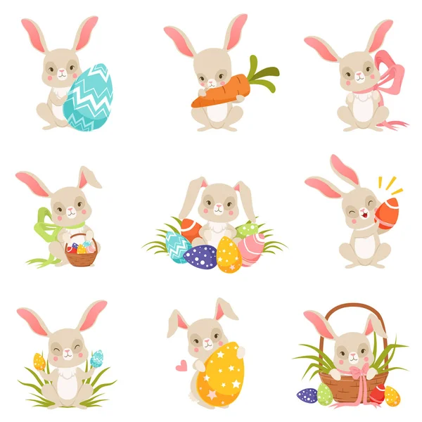 Lindos conejitos de dibujos animados con huevos de colores, divertidos personajes de conejo, Feliz Pascua concepto de dibujos animados vector Ilustraciones — Vector de stock