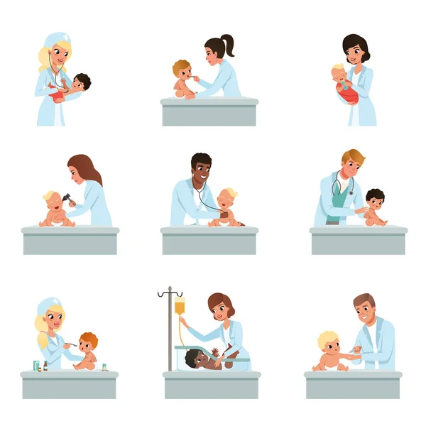 Kinderarts artsen doen medisch onderzoek van kleine kinderen instellen, mannelijke en vrouwelijke artsen checkup voor baby's vector illustraties — Stockvector