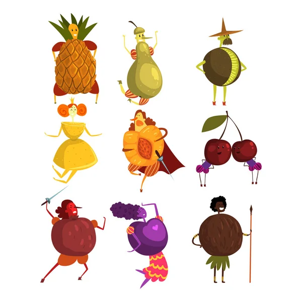 Funny fruits cartoon characters set, people in fruit costumes vector Illustrations — Stock Vector