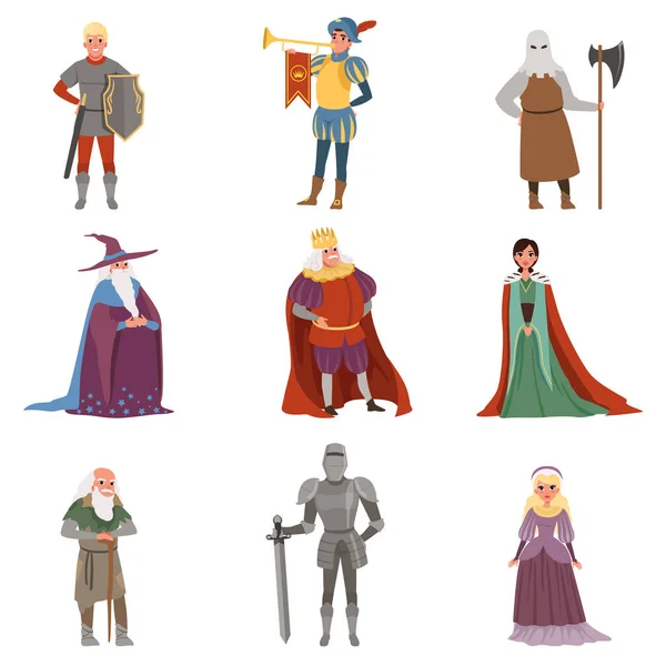 Medieval people characters set, European middle ages historic period elements vector Illustrations — Stock Vector