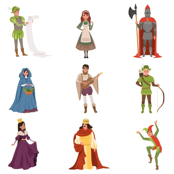 Medieval people characters of European middle ages historic period vector Illustrations — Stock Vector