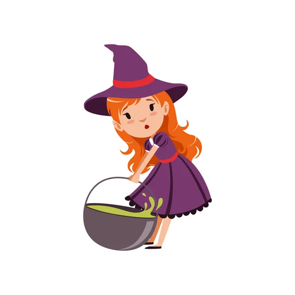 Cute small red-haired girl witch dragging cauldron with green potion. Trick or Treat Halloween costume. Vector flat cartoon illustration on white. — Stock Vector