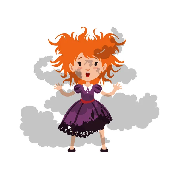 Illustration of little disheveled and soiled red-haired girl witch after the explosion of the potion. Kid character in costume. Flat cartoon vector isolated on white. — Stock Vector