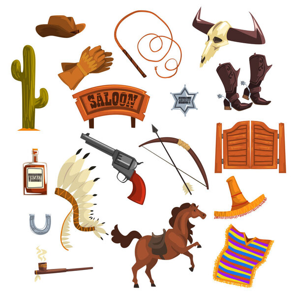 Набор элементов Дикого Запада, ковбойские аксессуары и символы векторные иллюстрации

