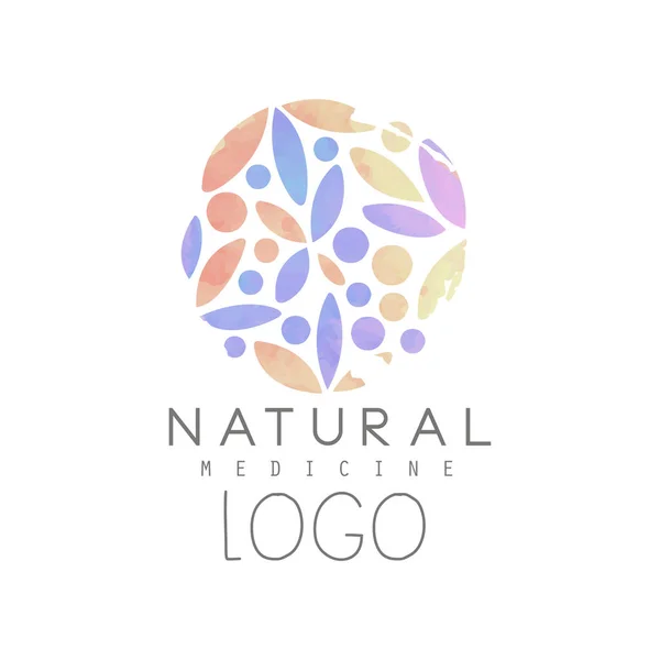 Emblema criativo com padrão floral colorido em forma de círculo. Medicina natural e conceito de bem-estar. Design de logotipo para spa e centro de saúde. Ilustração vetorial aquarela —  Vetores de Stock