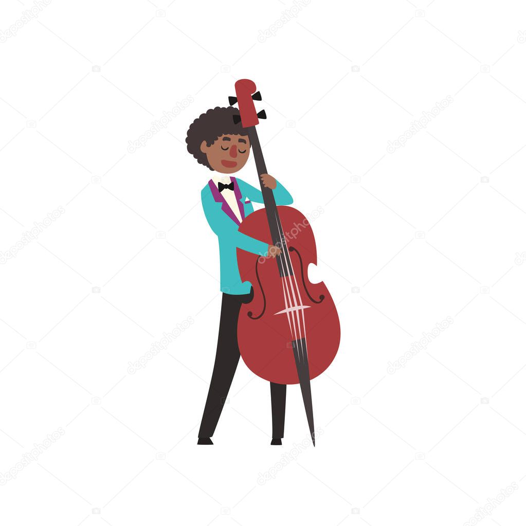 African American jazz musician wearing retro elegant suit playing cello vector Illustration