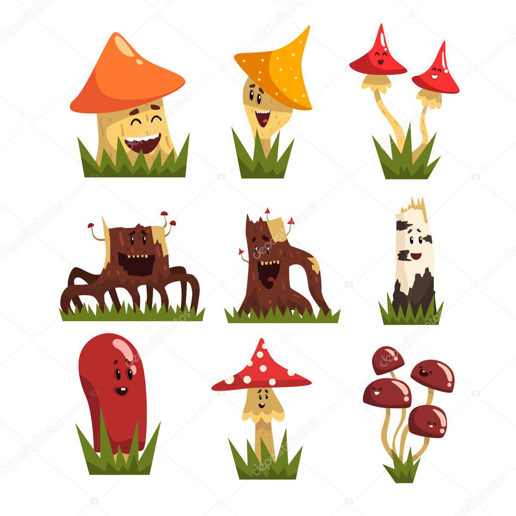 Funny mushrooms characters with colorful caps set, cute humanized mushrooms and stamps with smiling faces vector Illustrations