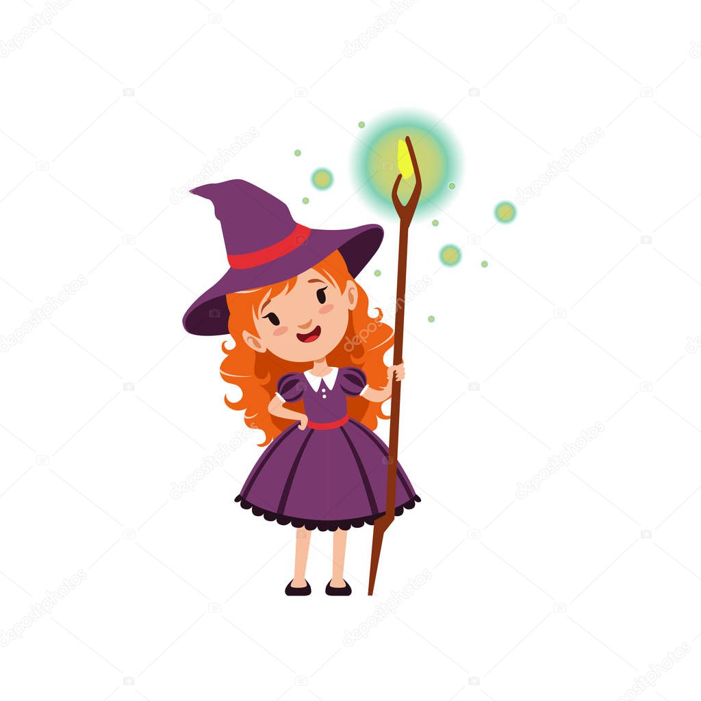 Adorable little red-haired girl witch holding magic staff, wearing purple dress and hat. Kid character in Halloween costume. Flat cartoon vector isolated on white.