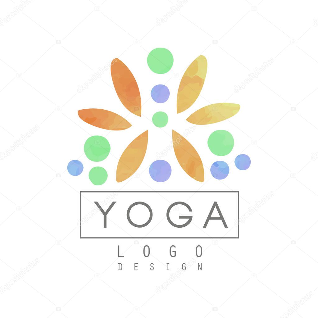 Creative logo template for yoga class or meditation center. Abstract watercolor emblem with colorful ornament. Concept of healthy lifestyle. Hand drawn vector illustration isolated on white background