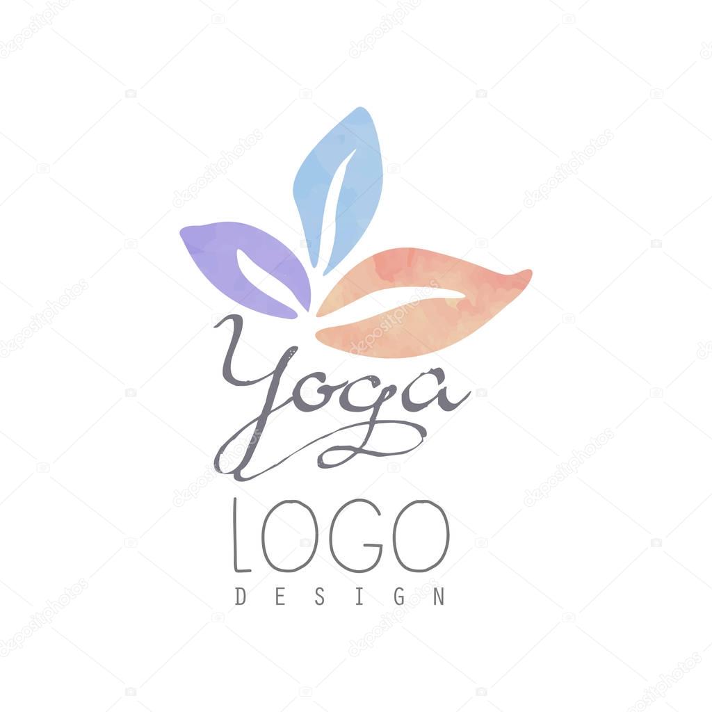 Watercolor logo template for yoga class or meditation center. Harmony with nature. Alternative medicine and wellness concept. Healthy lifestyle. Hand drawn vector design isolated on white background.