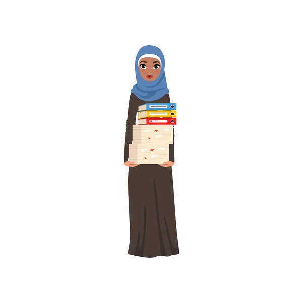 阿拉伯女实业家人物站立和持有栈的文件和文件夹, 优雅的穆斯林妇女矢量插图白色背景 — 图库矢量图片