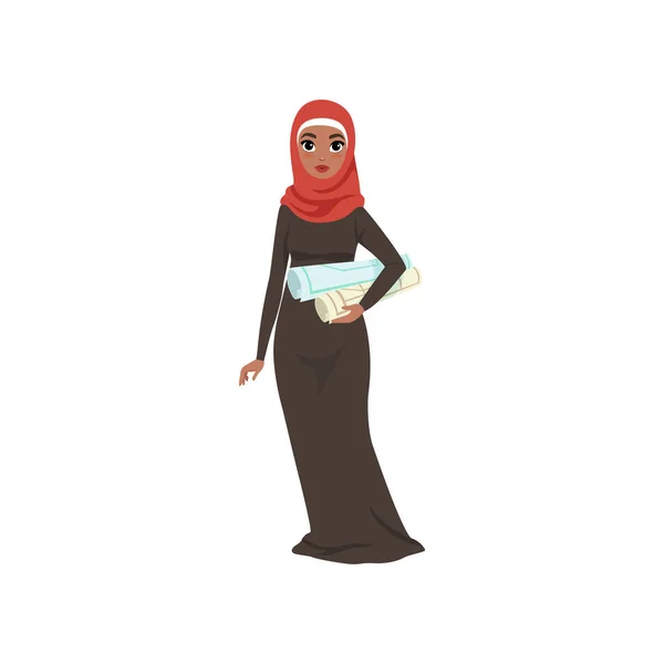 阿拉伯女商人的角色站在她的手, 优雅的穆斯林妇女在传统服饰矢量插图白色背景 — 图库矢量图片