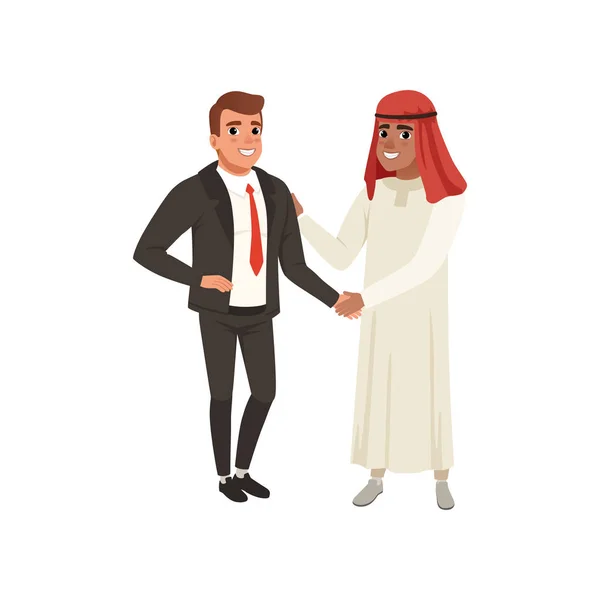 Homme d'affaires arabe poignée de main à son partenaire commercial vecteur Illustration sur fond blanc — Image vectorielle