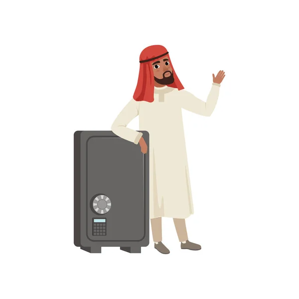 Homme d'affaires arabe personnage debout à côté coffre-fort de sécurité, homme musulman dans le vecteur de vêtements traditionnels Illustration sur un fond blanc — Image vectorielle