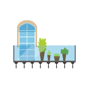 Modern cam ve çelik balkon bitkiler ve kemerli pencere üzerinde beyaz bir arka plan illüstrasyon vektör