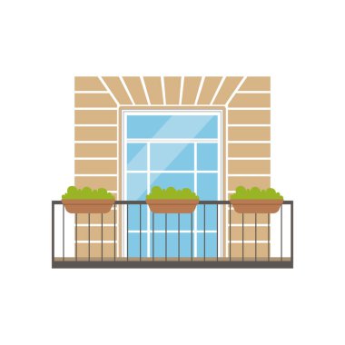 Balkon klasik ev cephe vektör çizim beyaz bir arka plan ile Ferforje korkuluk ve tencere, tesisleri