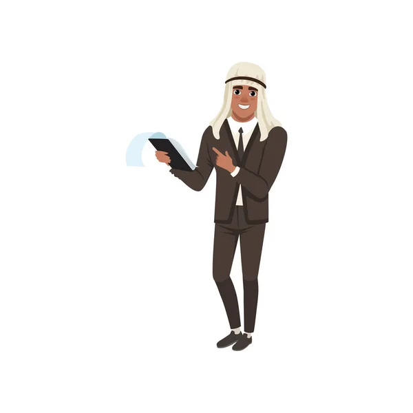 Arabisch zakenman teken in formele slijtage staande met Klembord vector illustratie op een witte achtergrond — Stockvector