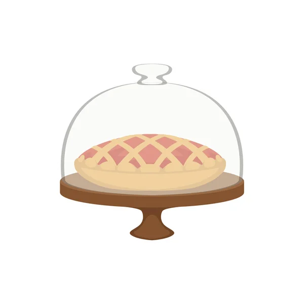 在圆顶玻璃覆盖矢量插图新鲜烤馅饼与格子顶部 — 图库矢量图片